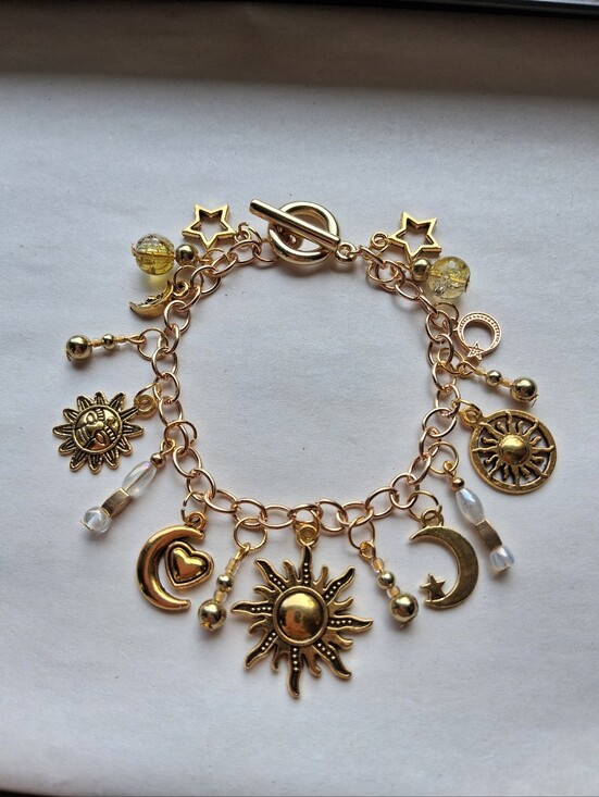 Hand Crafted Jewelry - Hand Crafted Gold Sun & Moon Charm Bracelet